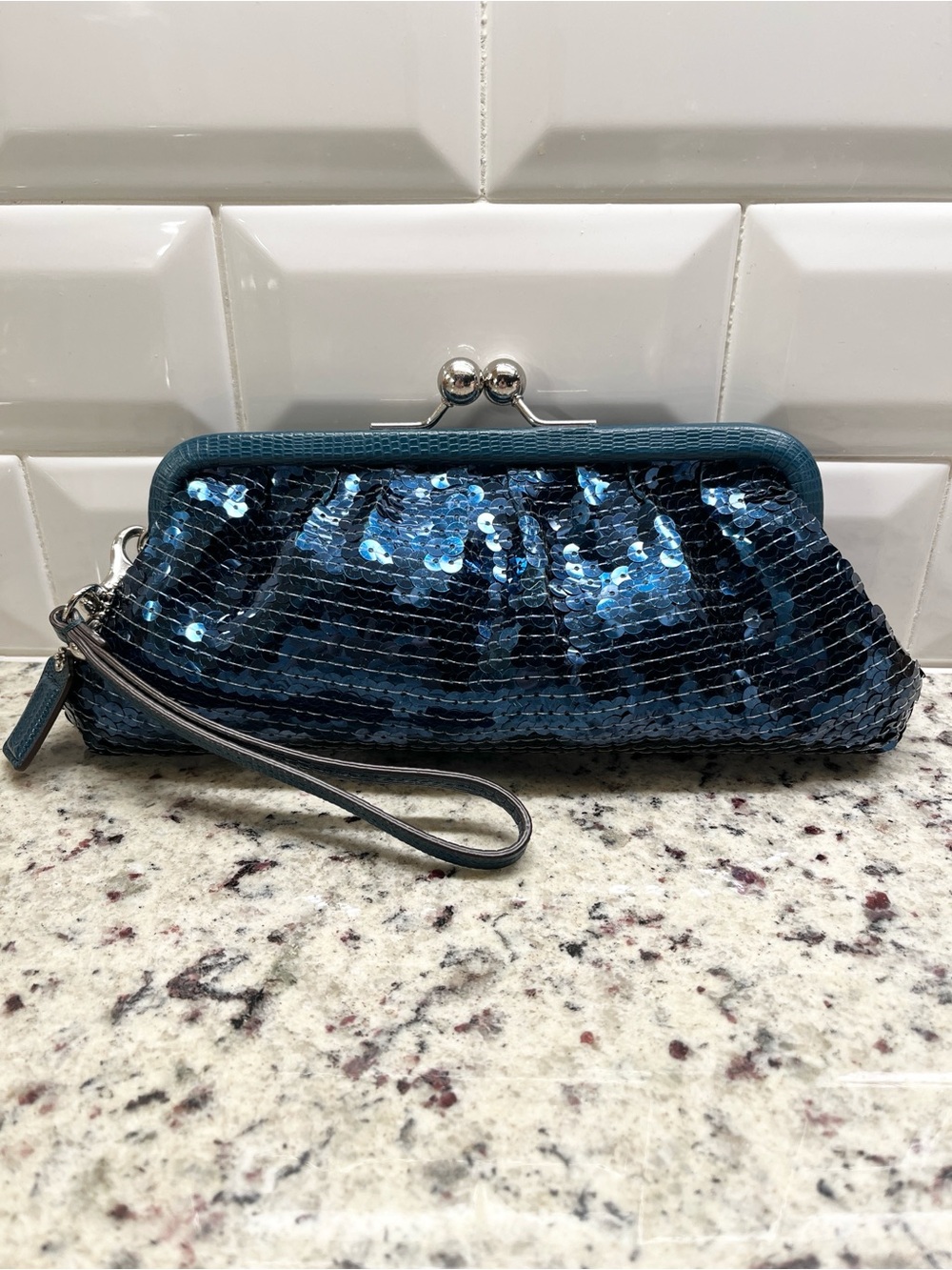 Coach Sequin Kiss Lock Clutch in Midnight Blue NWOT